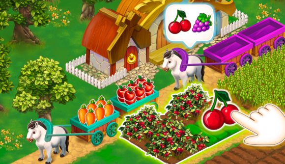 Gameplay from one of the best Android games, Harvest Land, showing a hand harvesting crops and putting them on horse drawn carts to sell