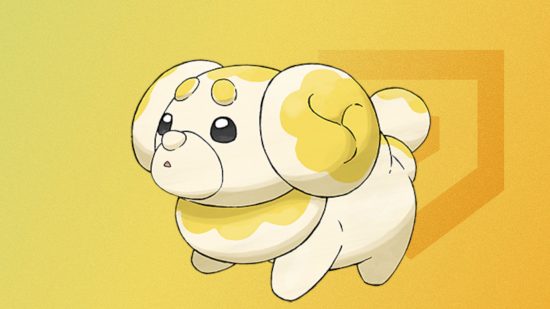 Custom image of the official art for Fidough on a yellow background for best dog Pokemon guide