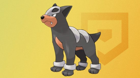 Custom image of the official art for Houndour on a yellow background for best dog Pokemon guide