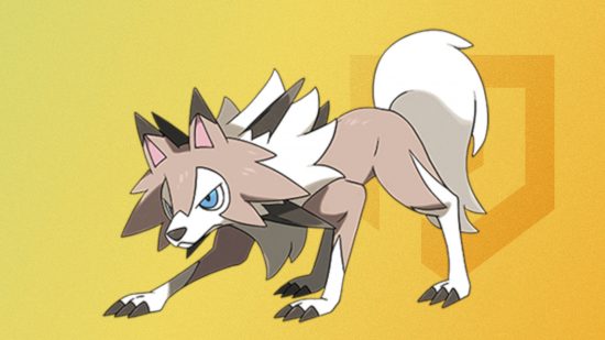 Custom image of the official art for Lycanroc on a yellow background for best dog Pokemon guide