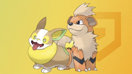 Custom image of the official art for Growlithe and Yamper together on a yellow background for best dog Pokemon guide