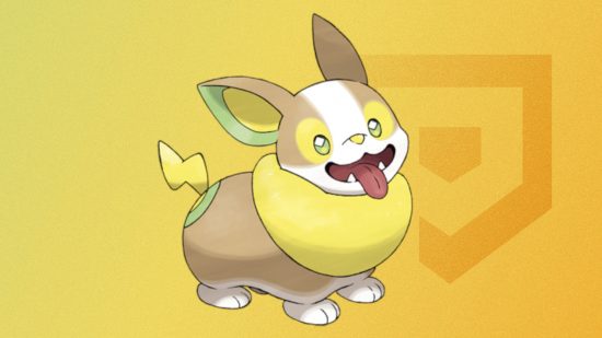 Custom image of the official art for Yamper on a yellow background for best dog Pokemon guide