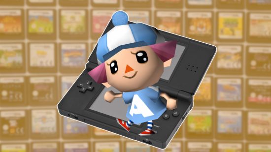 Best DS games: An ACWW villager pasted on a black DS Lite, which is outlined in white and pasted on top of a mango-tinted array of DS game cards