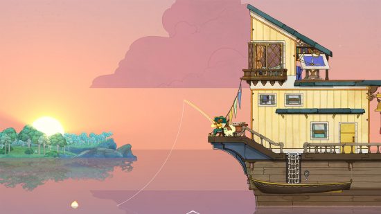 best indie games - Stella fishing off her boat in Spiritfarer against a sunset