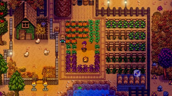 best indie games - A bustling farm layout in Stardew Valley with pumpkins, chickens, and scarecrows
