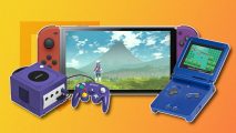 Best Pokemon games: A Scarlet and Violet Switch with Legends Arceus on it, a blue GBA SP with Emerald on it, and a purple GameCube all outlined in white and pasted on a yellow PT background