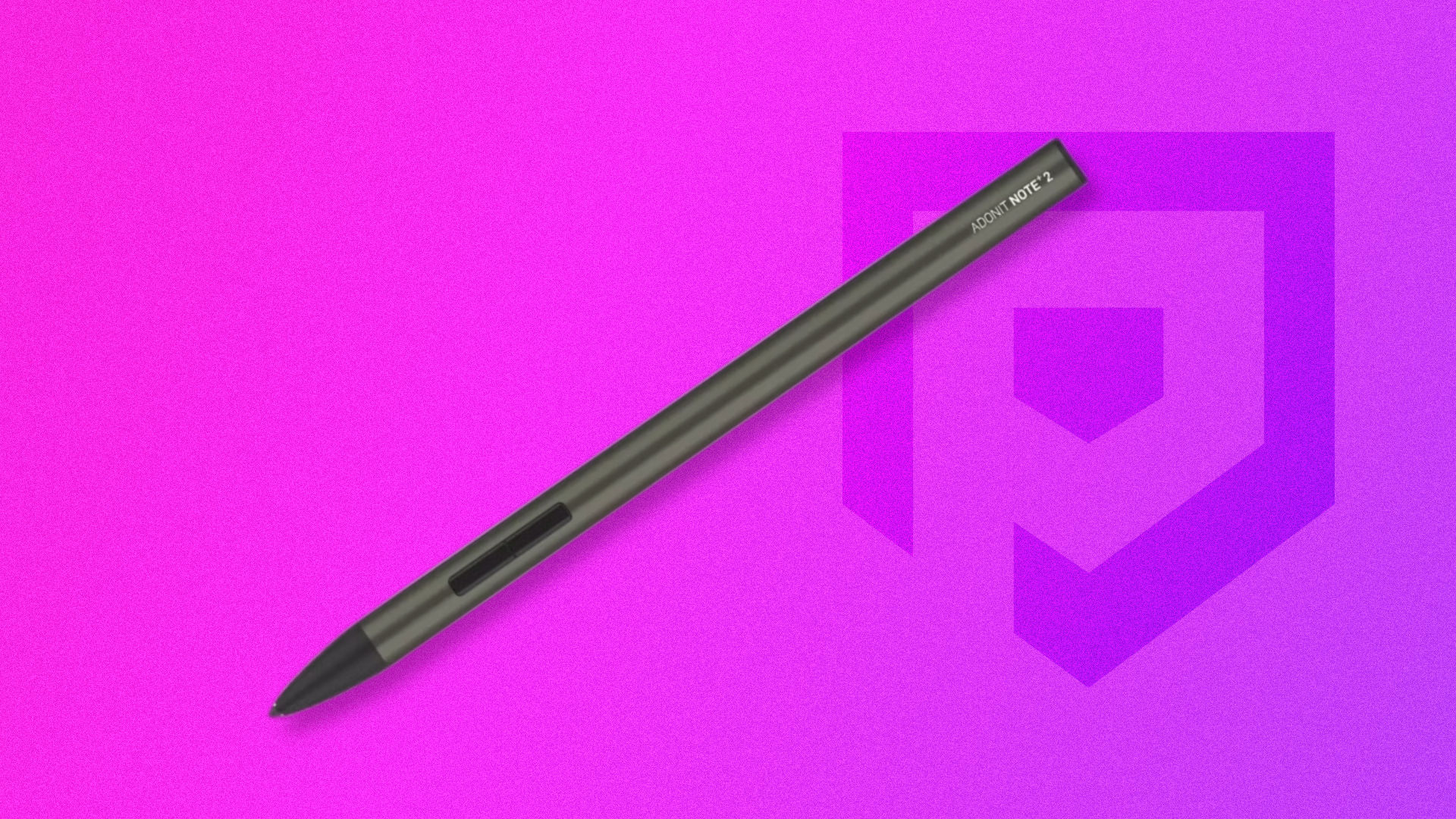 A picture of one of the best stylus for iPad and iPhone, the Adonit Note + 2, in front of a purple and pink Pocket Tactics background