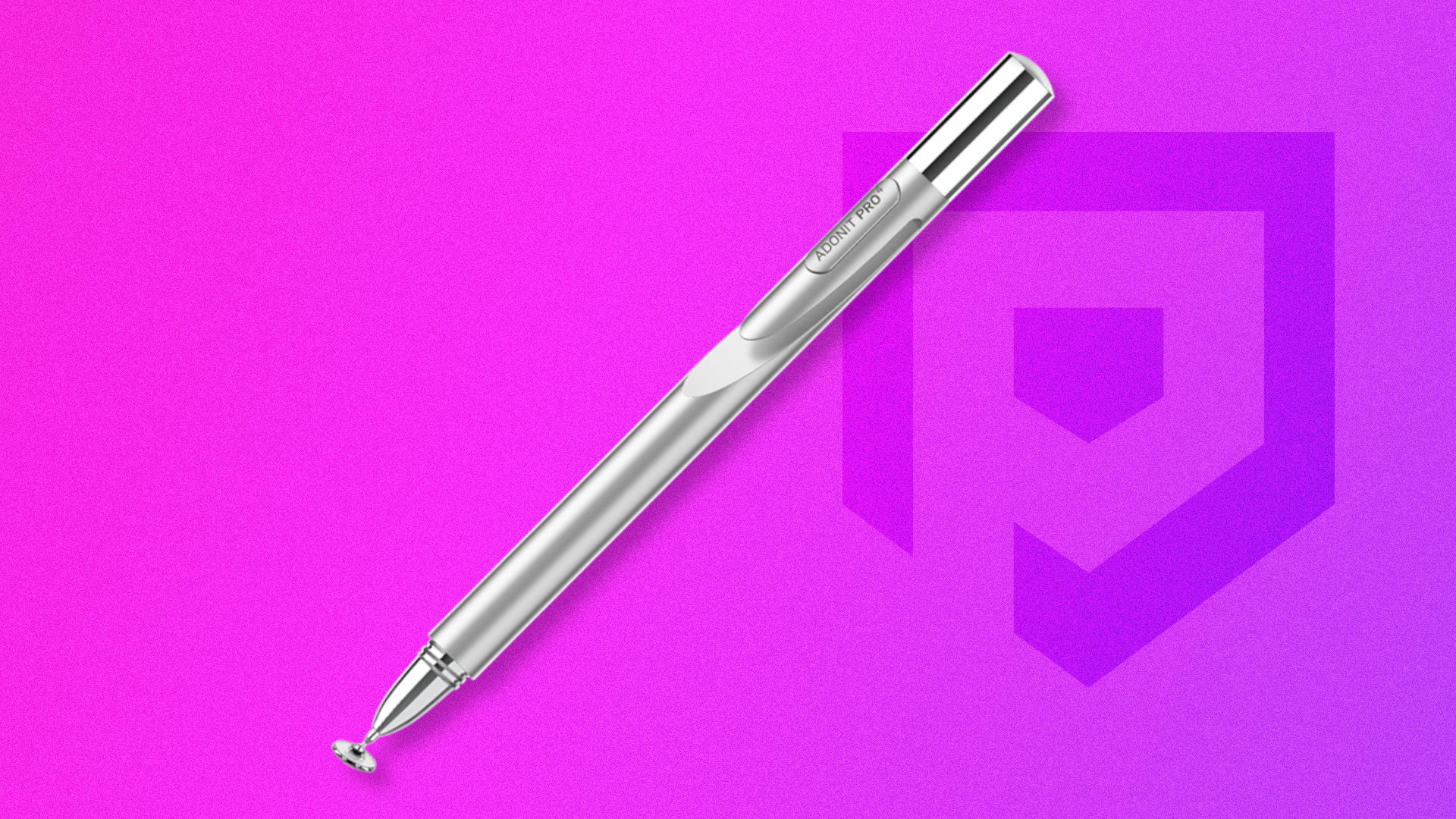 A picture of one of the best stylus for iPad and iPhone, the Adonit Pro 4, against a purple and pink Pocket Tactics background