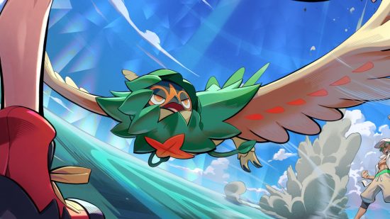 Bird Pokemon: Decidueye swooping down from the sky towards Moon's feet in a battle illustration