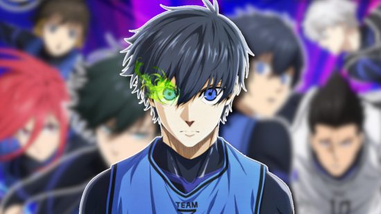 Blue Lock Project: World Champion release date: Isagi outlined in white, looking serious and with one eye glowing with green fire as he activates his power. He is pasted on a blurred background image of the cast