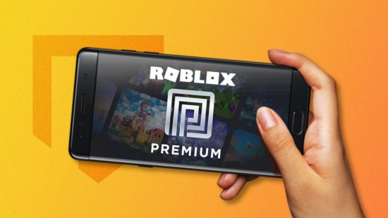 How to cancel Roblox premium - a picture of a hand holding a phone with the Roblox premium logo on the screen