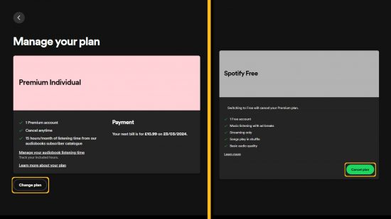 Two screenshots showing you how to cancel Spotify