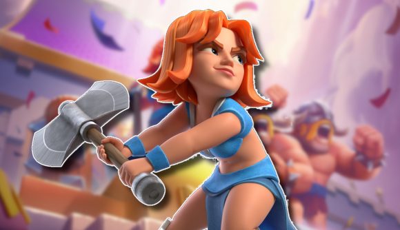 Clash Royale Valkyrie outlined in white while swinging her axe, outlined in white and pasted on a blurred promotional image
