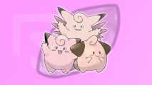 Clefairy evolution: Clefairy, Clefable, and Cleffa in front of a moon stone in front of a pink background