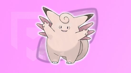 Clefairy evolution: Clefable in front of a moon stone in front of a pink background