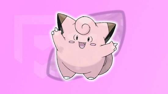 Clefairy evolution: Clefairy stood in front of a moon stone in front of a pink background