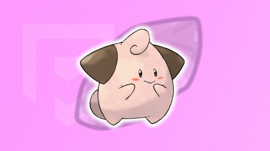 Clefairy evolution: Cleffa in front of a moon stone in front of a pink PT background