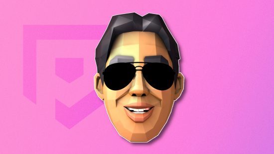 Cool math games: Dr Kawashima's digital head from Brain Training and Smash Bros, wearing a pair of black sunglasses and smiling widely. He is outlined in white and pasted on a bubblegum pink PT background