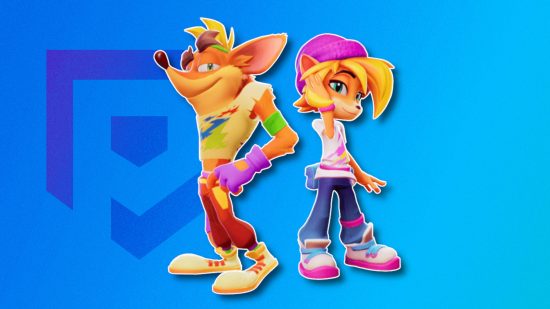Crash Bandicoot games: Crash and his girlfriend outlined in white and pasted on a blue PT background
