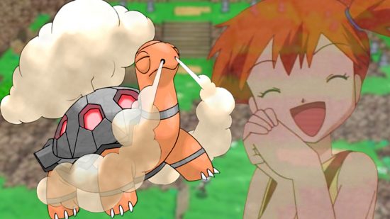 Misty clasping her hands together with Pokemon Torkoal next to her against a Pokemon landscape background
