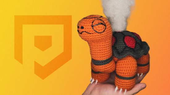 A hand holding a crochet version of the Pokemon Torkoal in front of the Pocket Tactics logo background