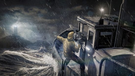Dead by Daylight character Yoichi Asakawa riding a boat towards a lighthouse in the distance