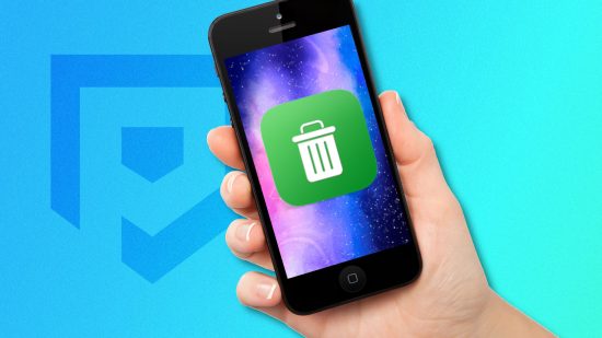 Delete apps on Android - a hand holding an Android phone with a trash can icon on it in front of a blue Pocket Tactics background