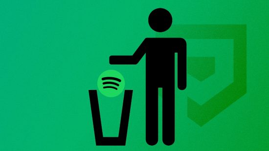 Custom image for guide on how to delete Spotify with someone putting the Spotify icon in the bin