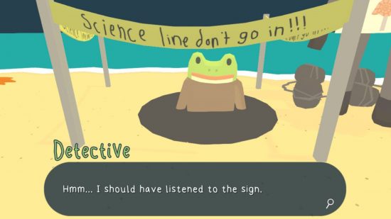 Detective games: A screenshot from Frog Detective showing the frog in a hole behind yellow tape that reads 'science line don't go in!' and the frog is saying 'hmm.. i should have listened to the sign'