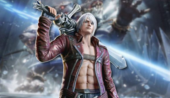 Devil May Cry: Peak of Combat codes - Dante standing with his sword over his shoulder in front of a blurred picture of a three-headed dog