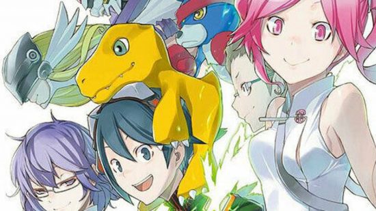 Digimon games - three anime characters and an Agumon look towards you