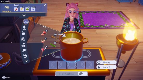 Disney Dreamlight Valley Eternity Isle recipes - a player character cooking Baozi in their home