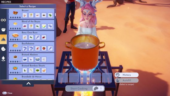 Disney Dreamlight Valley Eternity Isle recipes - a player character cooking at a campfire in the desert, looking over all their entree recipes