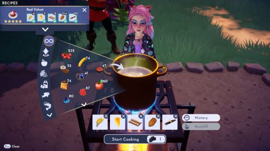 Disney Dreamlight Valley Eternity Isle recipes - a player character cooking a red velvet cake
