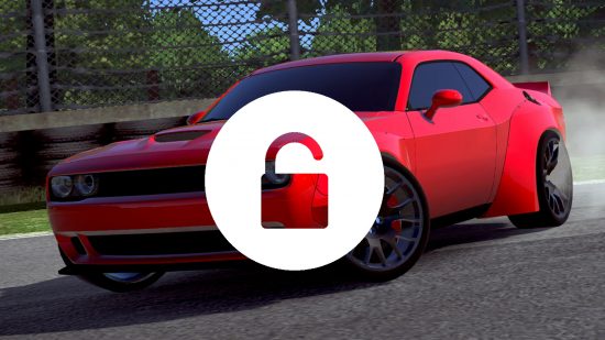 Drift Hunters Unblocked: A white padlock unlock symbol pasted over a screenshot from Drift Hunters showing a red car