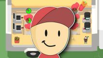 Eatventure codes - a cartoon with a red hat against a background showing a food truck