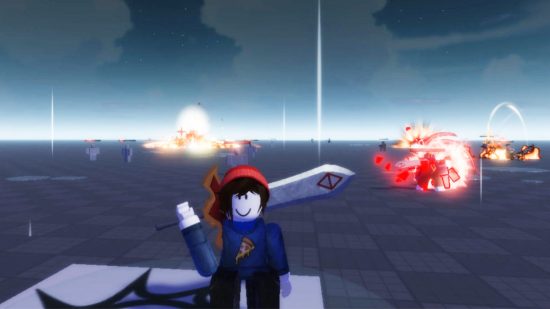 Ehtrix codes: an avatar holding a huge swords with explosions and fighting in the background