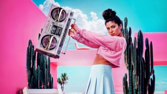 FashionVerse release: A woman wearing pink and blue while holding a boom box