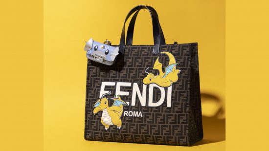 Fendi Pokemon: An official photo of a Fendi rectangular bag with two Dragonites on it and white text reading Fenti, as well as a Dratini-themed card holder, on a mango backdrop