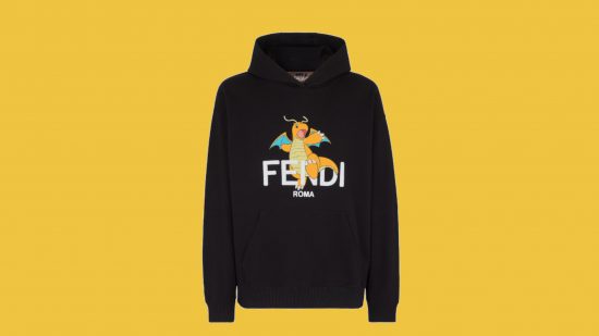 Fendi Pokemon: The black Fendi Pokemon hoodie featuring Dragonite and some white text pasted on a mango background