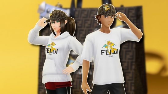 Fendi Pokemon: A male and female Pokemon Go avatar standing side by side wearing the Fendi collab items, outlined in white and pasted on a blurred picture of a Fendi Pokemon bag