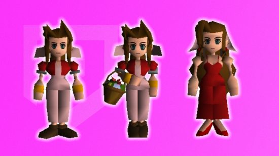 FFVII's Aerith stood still, holding flowers, and in a red dress in front of a pink background