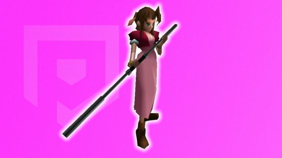 FFVII's Areith posing in front of a pink background holding her staff in a battle pose