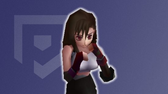FFVII's Tifa ready for a fight in front of a PT background