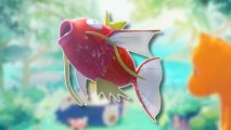 Fish Pokemon: Magikarp from Unite on a blurred Pokemon Sleep Lapis Lakeside art piece