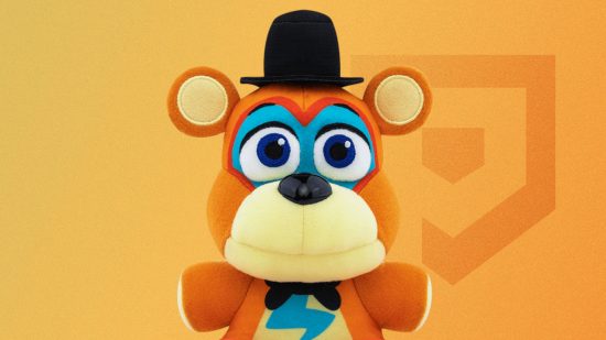 Custom image for FNAF plush guide with a teddy bear Glamrock Freddy on a orange background