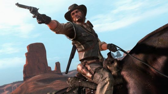 A screenshot from one of the best games like GTA, Red Dead Redemption, showing John Marston on horseback