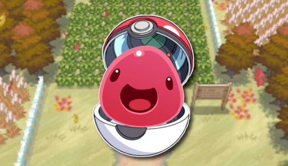 Games like Pokemon: A pink slime from Slime Rancher sitting inside an open Poke Ball, all of which is outlined in white and pasted on a slightly blurred Pokemon Black and White screenshot