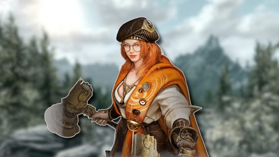 Games like Skyrim: A ginger woman with glasses and a massive hammer from Black Desert Mobile outlined in white and pasted on a blurred Skyrim screenshot