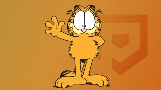 Custom image for best Garfield games guide with Garfield waving on an orange background
